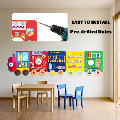Train Activity Wall Busy Board,Wooden Busy Board Train Activity Wall Panels,Montessori Sensory Wall Toys Panel for Kids, Learning Activity Center for Playroom,3 Years Old and Over