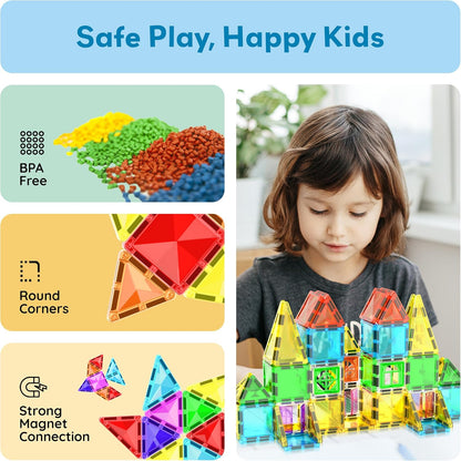 PicassoTiles 60 pcs Mini Magnetic Tiles Magnet Toys Travel-Friendly On-The-Go Building Blocks for Kids Compact Lightweight Creative playset Preschool Montessori Early Learning STEM Kids Toy Ages 3+.