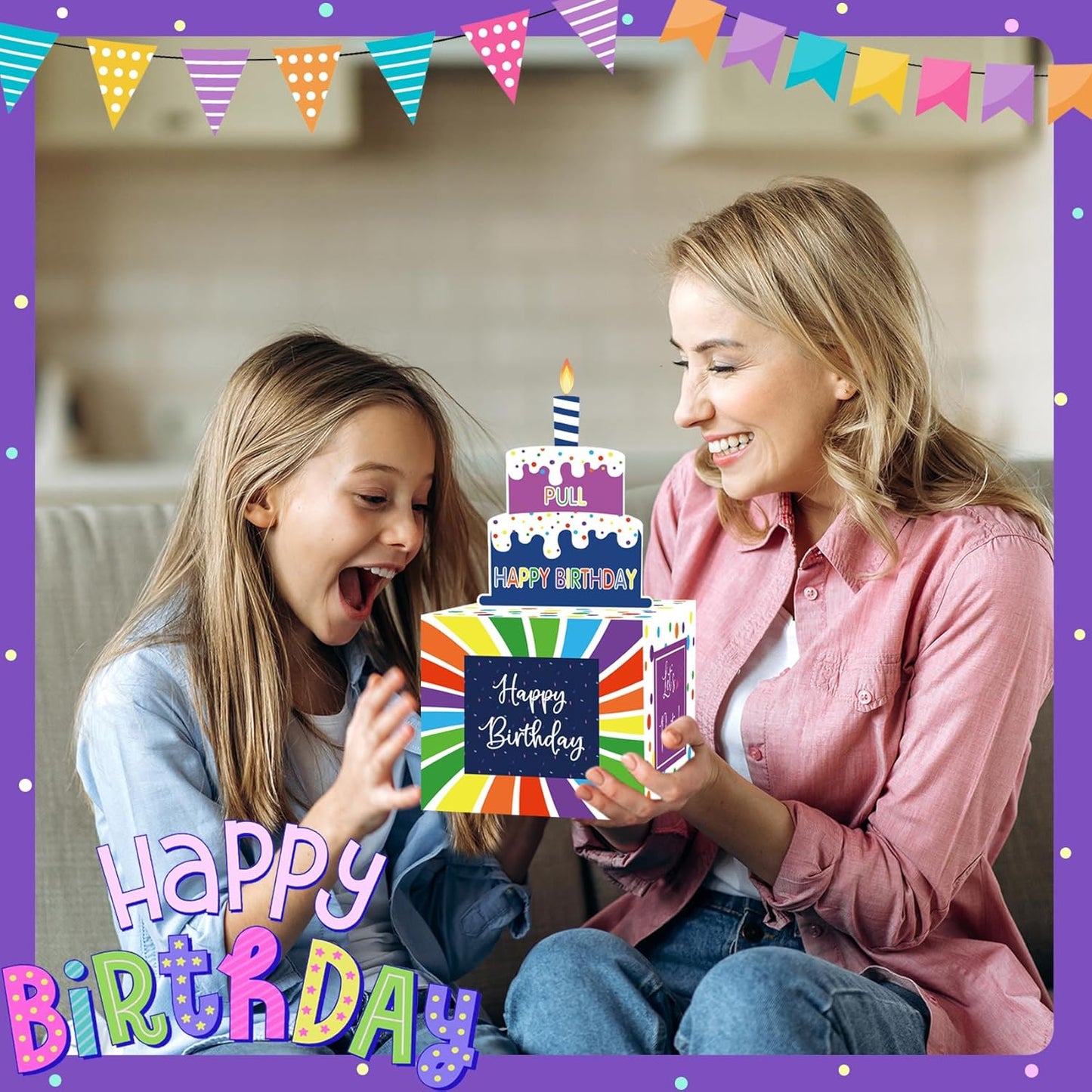 Birthday Money Box for Cash Gift Pull, Surprise Gift Boxes for Money, Money Holder Box with Pull Out Happy Birthday Card and 50Pcs Transparent Bags, Money Gift Ideas for Kids and Adults