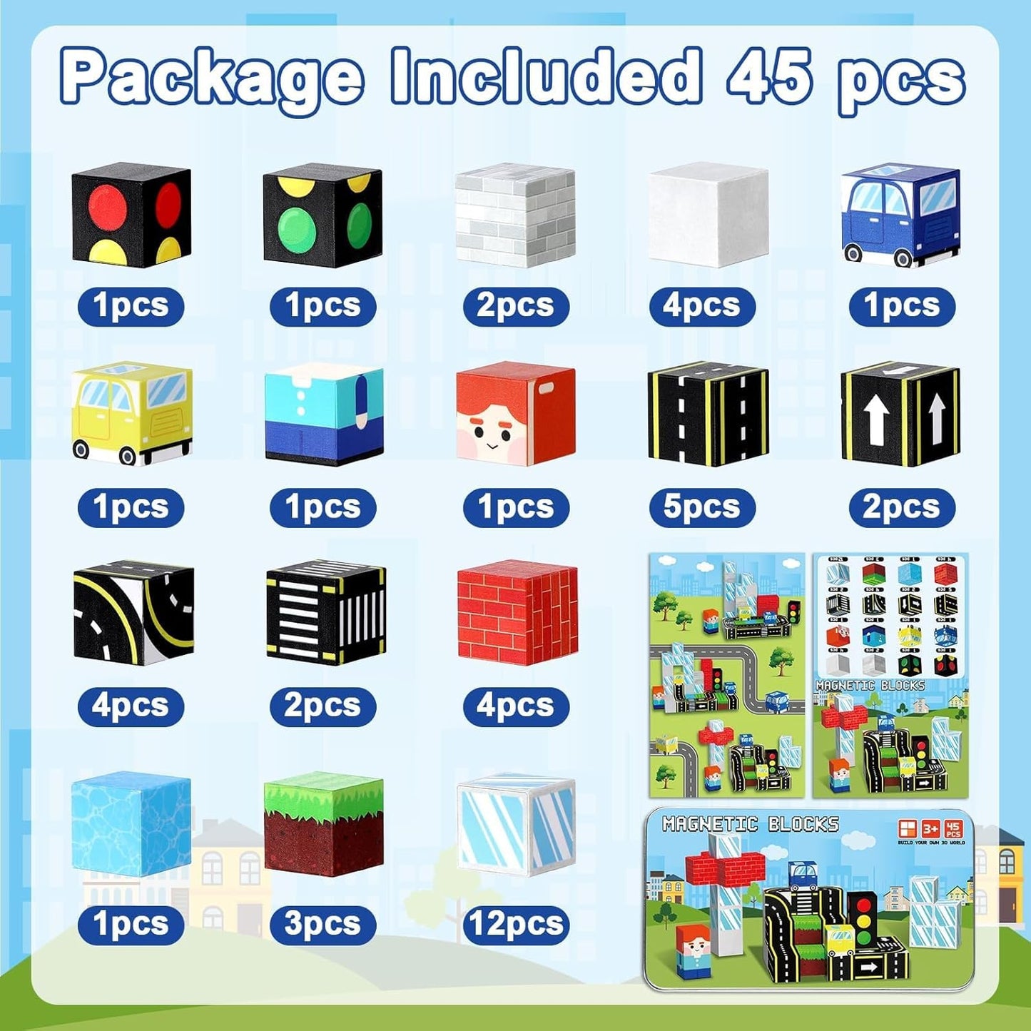 QOUBAI 45PCS Mini Magnetic Blocks Travel Toys, Magnet Building Cubes Tiles Set with Portable Iron Case, Learning Activities Gifts for Kids Toddlers Boys & Girls Ages 3-8 (Construction)