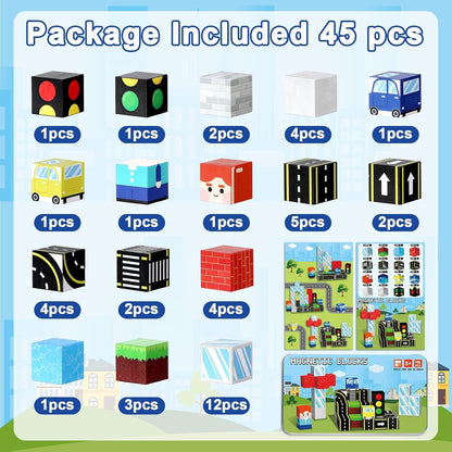 QOUBAI 45PCS Mini Magnetic Blocks Travel Toys, Magnet Building Cubes Tiles Set with Portable Iron Case, Learning Activities Gifts for Kids Toddlers Boys & Girls Ages 3-8 (Construction)
