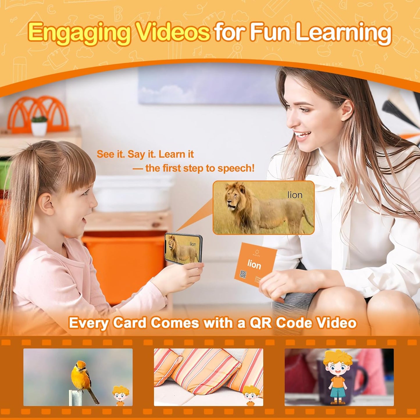 Thick Baby Flash Cards for Toddlers 1-3 Sight Words Flash Cards for Kindergarten，50 First Words Fun Video Flash Cards for Toddlers，Learning Resources Kids Aba Therapy Materials