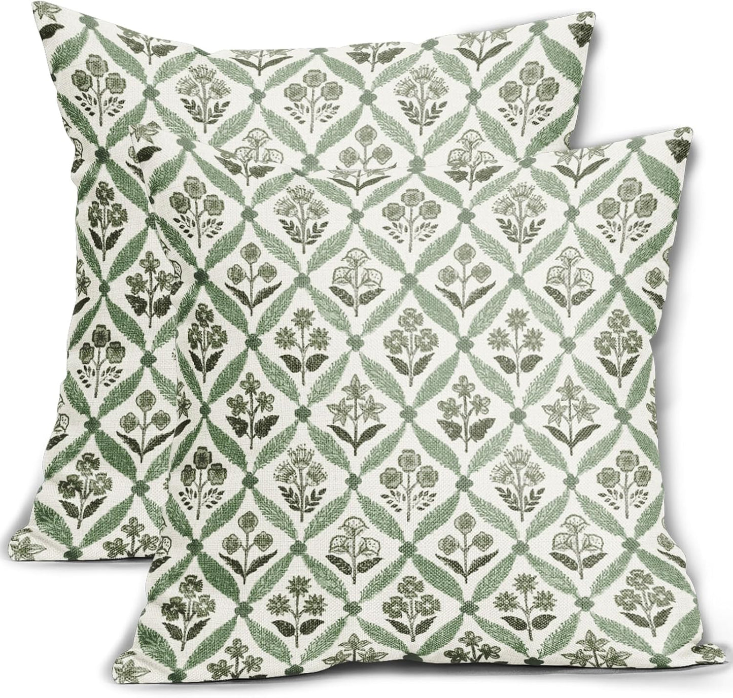 Blue Green Floral Block Print Pillow Covers 12X20 Set of 2, Flower Pattern Spring Summer Print Decorative Throw Pillow Covers Outdoor Farmhouse Seasonal Cushion Case Couch Sofa Bed Decor
