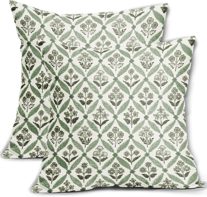 Blue Green Floral Block Print Pillow Covers 12X20 Set of 2, Flower Pattern Spring Summer Print Decorative Throw Pillow Covers Outdoor Farmhouse Seasonal Cushion Case Couch Sofa Bed Decor