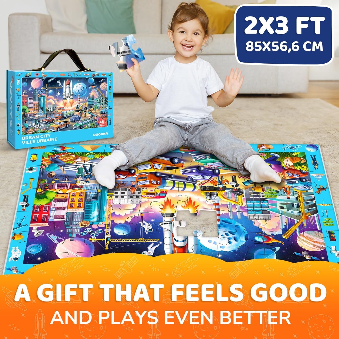 QUOKKA Floor Puzzles for Kids Ages 4-8 – 2x3 FT Giant Search and Find Jigsaw – 48 Large Pieces – Above and Beyond Observational Scene – Educatinal Montessori Toy with Gift Box – Fun Learning Activity