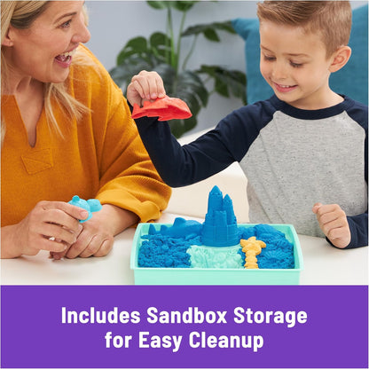 Kinetic Sand, Sandbox Set with 1lb Blue Play Sand, 4 Tools & Molds, Storage, Sensory Toys for Kids Ages 3 and up