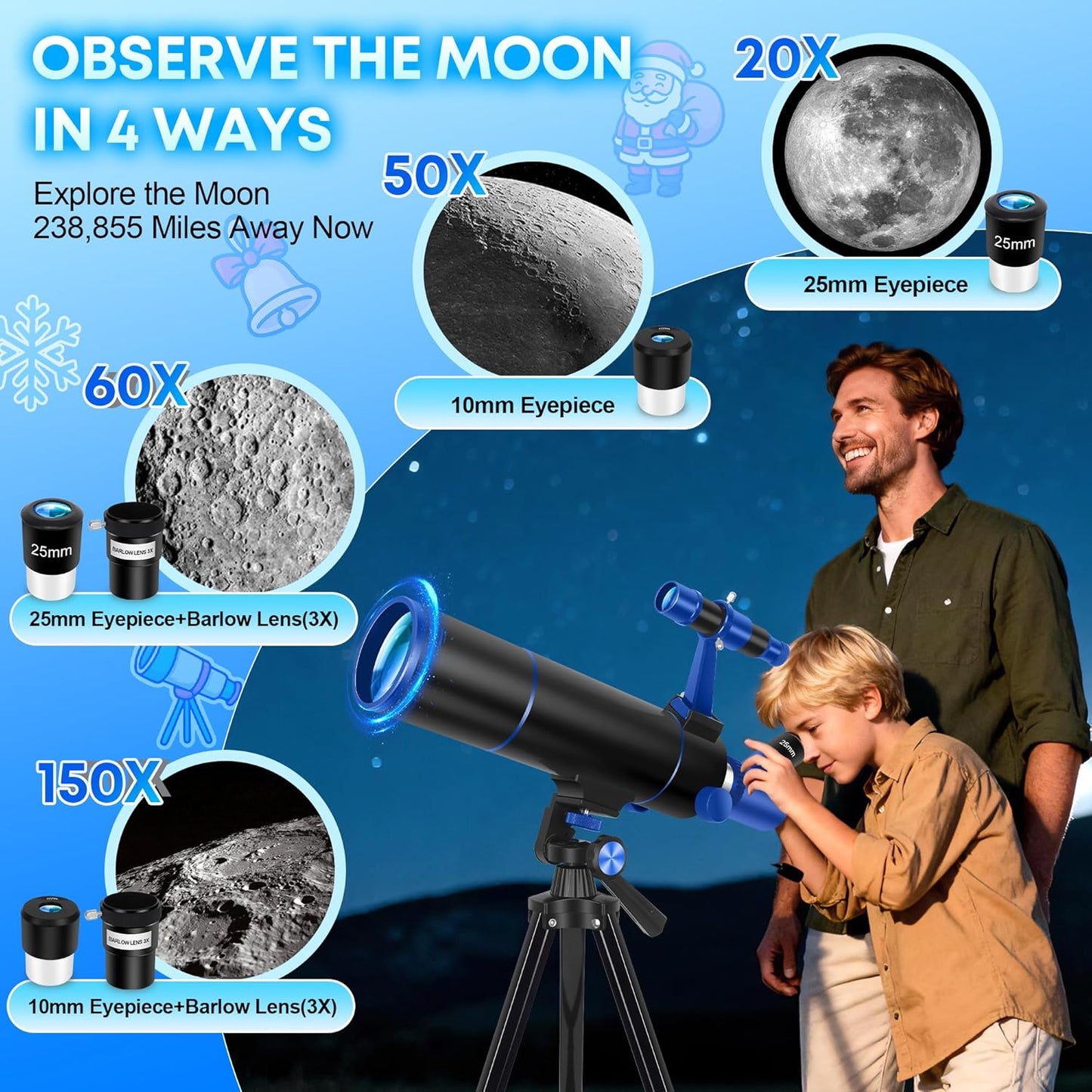 Hawkko Telescope for Adults & Kids Beginners, 80mm Aperture 500mm Telescopes for Adults Astronomy, (20X-150X) Portable Refractor Telescope Kit with Decorate Stickers, Backpack, Phone Adapter-BlackBlue