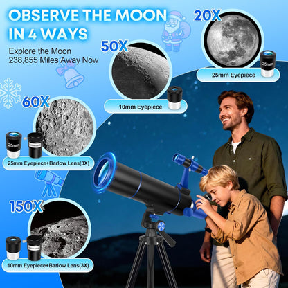 Hawkko Telescope for Adults & Kids – 80mm Aperture 500mm Telescopes for Adults Astronomy, (20X-150X) Portable Refractor Telescope Kit for Beginners with Decorate Stickers, AZ Tripod, Phone Adapter