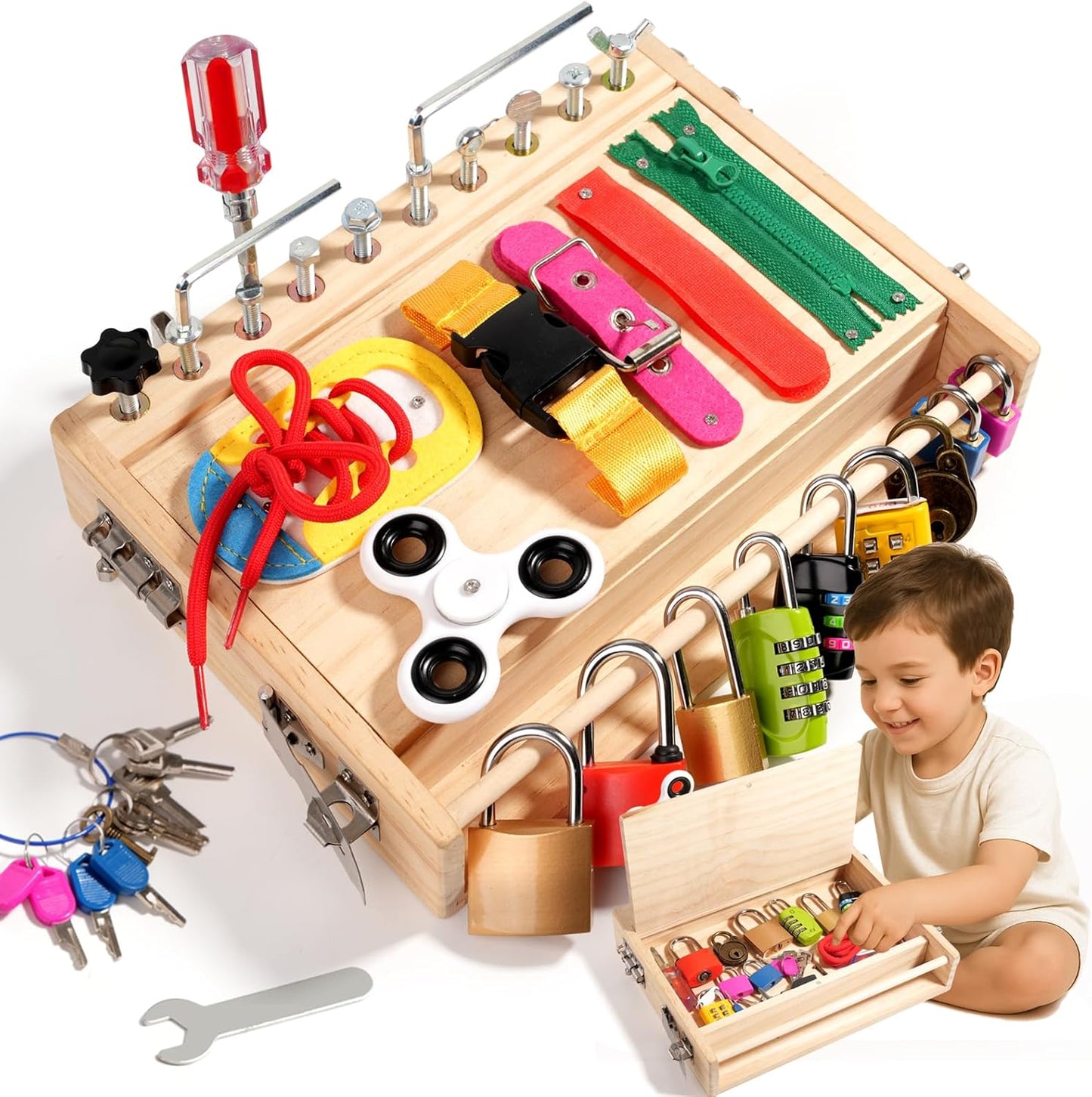 INIFEIDALA Montessori Wooden Busy Board - Fine Motor Skills Toys for 2-5 Year Old Boys Girls, Preschool STEM Life Skills Game, Latches Lock Key Sensory Toy, Screwdriver Board Set, Educational Gift