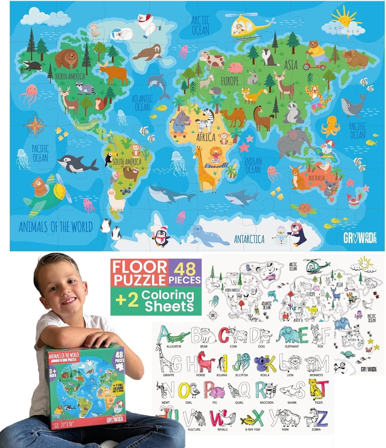 Floor Puzzles for Kids Ages 3-5 4-6 Educational 48 Piece Farm Animals with 2 Giant Coloring Posters Preschool Learning Toy Tractors Tools Barnyard Animals Screen Free Family Playtime