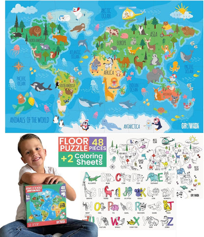 Floor Puzzles for Kids Ages 3-5 4-6 Educational 48 Piece Farm Animals with 2 Giant Coloring Posters Preschool Learning Toy Tractors Tools Barnyard Animals Screen Free Family Playtime