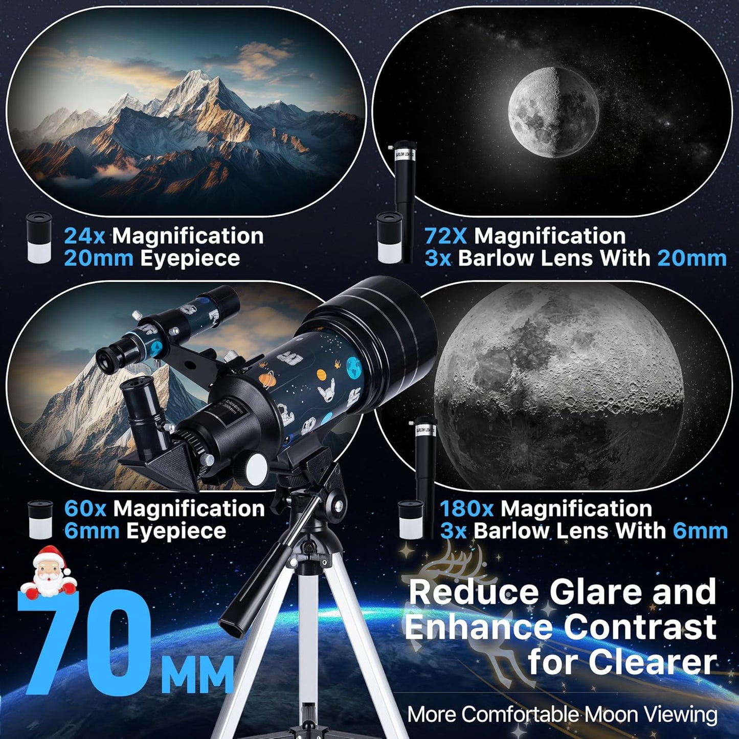 FREE SOLDIER Telescope for Kids 70mm Aperture Astronomical Refractor Telescopes for Beginners (15X-150X) 300mm Telescope for Adults High Powered with A Phone Adapter & A Wireless Remote (White)