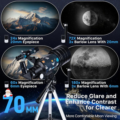 FREE SOLDIER Telescope for Kids 70mm Aperture Astronomical Refractor Telescopes for Beginners (15X-150X) 300mm Telescope for Adults High Powered with A Phone Adapter & A Wireless Remote (White)