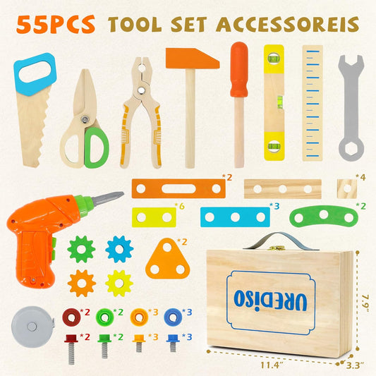Kids Tool Set with Electric Drill, 55 Pcs Toddler Tool Set Incl Tool Box, Wooden Montessori Educational Construction Toy for Age 3+ Years Old Boys Girls Birthday Gift
