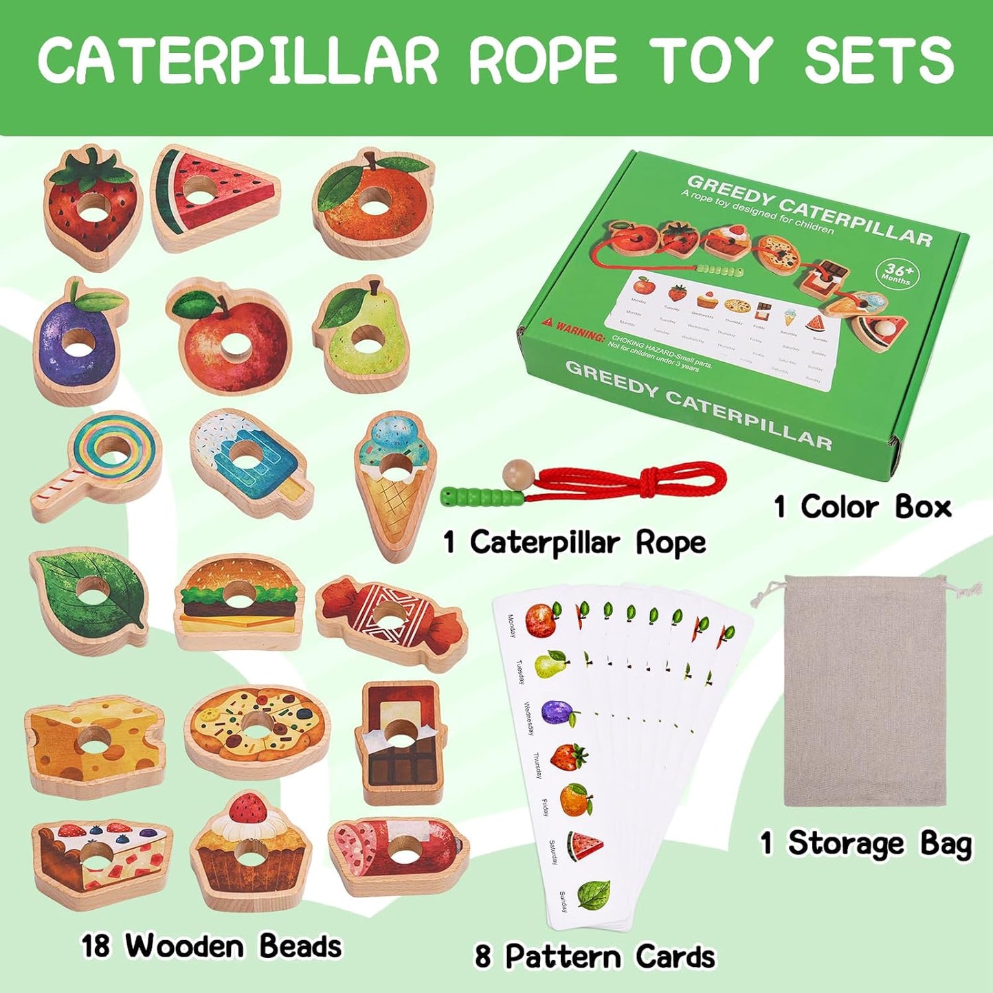 Wooden Greedy Caterpillar Rope Toy, 2.5in Fruit & Vegetable Caterpillar Lacing Bead String Game, Montessori Fine Motor Skills Farm Toys for 3+ Year Old