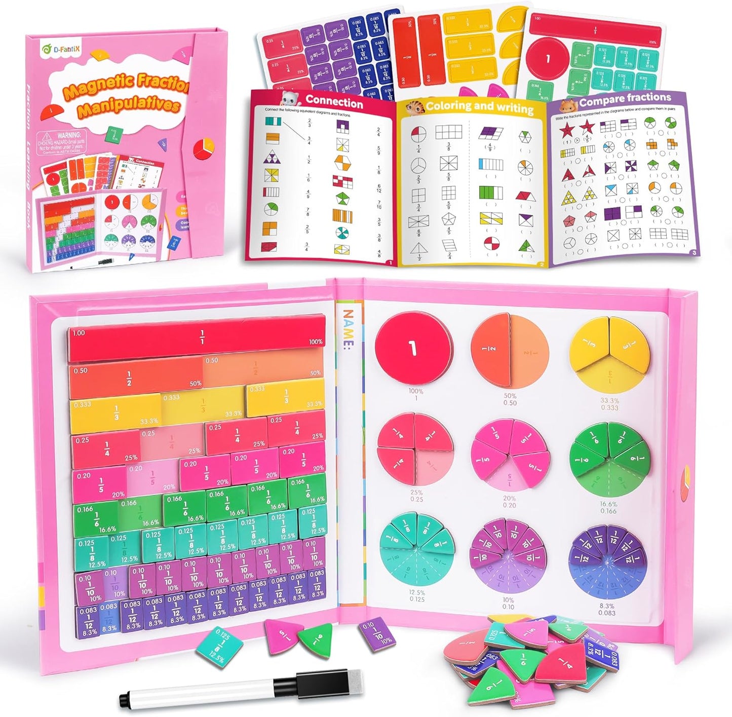D-FantiX Magnetic Fraction Educational Puzzle, Magnetic Fraction Tiles & Fraction Circles Set, Math Manipulatives for Elementary School, Montessori Fraction Manipulatives Learning Toys for Kids
