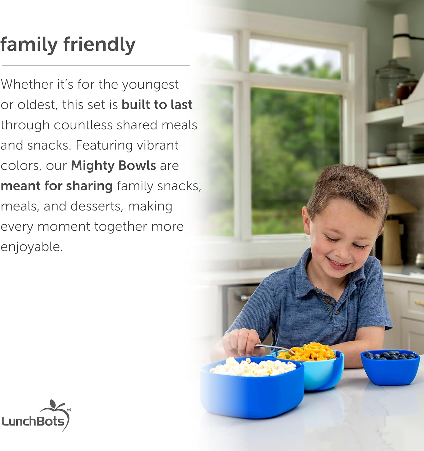 LunchBots Silicone Suction Bowl for Baby & Toddler, Stackable Nesting Bowl Set of 3 with Lid for Feeding, Portable Travel Bowls, Dishwasher Safe, 5/8/17 oz (Blue/Green)