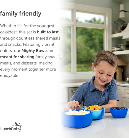LunchBots Silicone Suction Bowl for Baby & Toddler, Stackable Nesting Bowl Set of 3 with Lid for Feeding, Portable Travel Bowls, Dishwasher Safe, 5/8/17 oz (Blue/Green)
