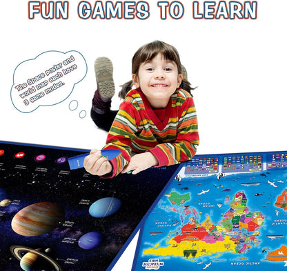 Qiaojoy Bilingual Interactive World Map for Kids Learning and Educational Toys, Talking Electronic Kids World Map i-Poster Geography Games Ages 3 to 12 Years Old, Custom Talking Birthday Gifts Card