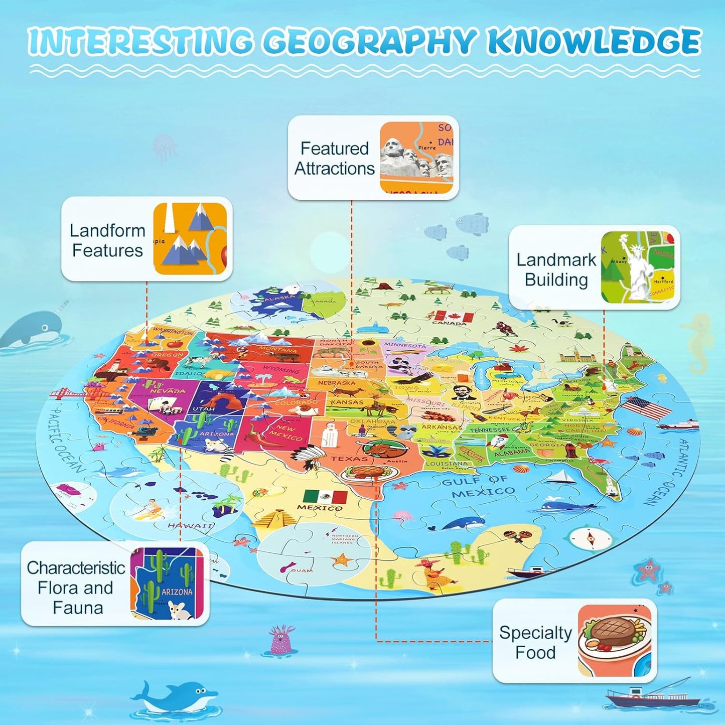 DIGOBAY United States Puzzle 70 Pieces USA Map Floor Jigsaw Puzzles for Kids Ages 4-10, Jumbo Round US Geography Puzzle 50 States with Capitals Educational Learning Toys for Boy or Girl