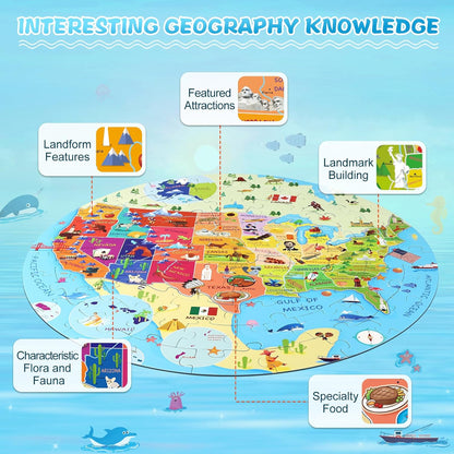 DIGOBAY United States Puzzle 70 Pieces USA Map Floor Jigsaw Puzzles for Kids Ages 4-10, Jumbo Round US Geography Puzzle 50 States with Capitals Educational Learning Toys for Boy or Girl