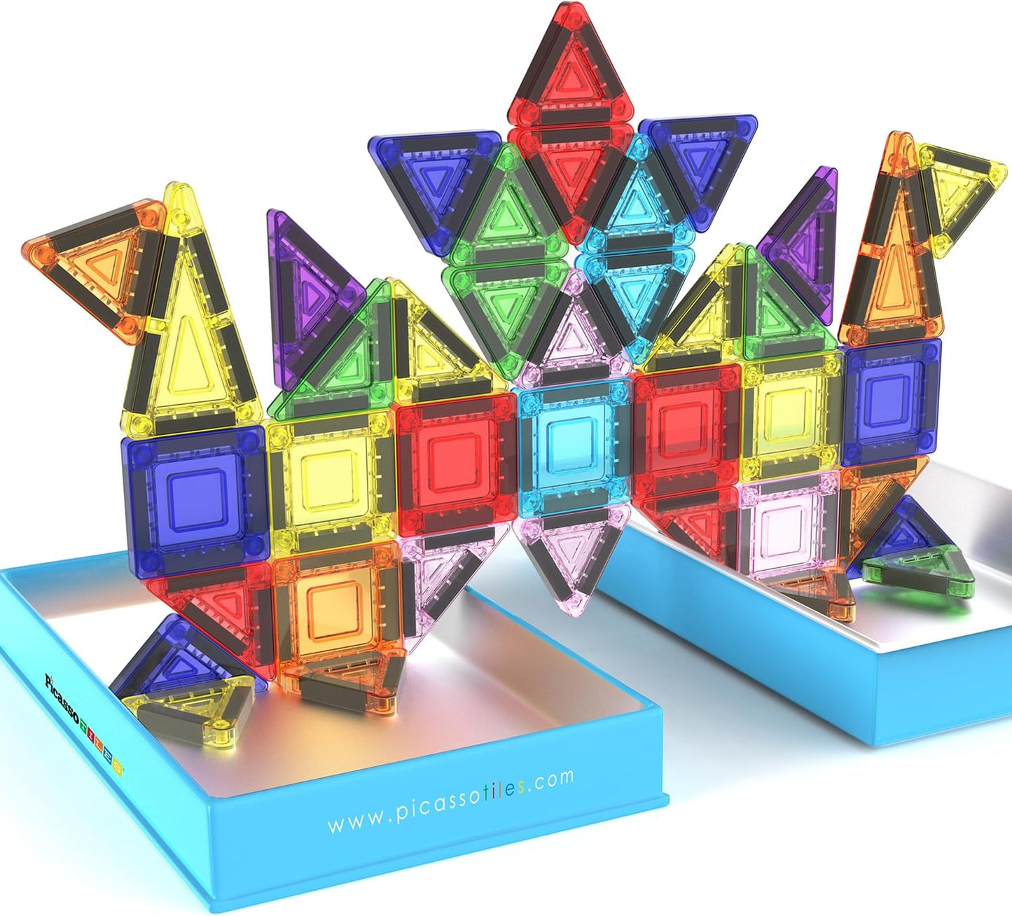 PicassoTiles 60 pcs Mini Magnetic Tiles Magnet Toys Travel-Friendly On-The-Go Building Blocks for Kids Compact Lightweight Creative playset Preschool Montessori Early Learning STEM Kids Toy Ages 3+.