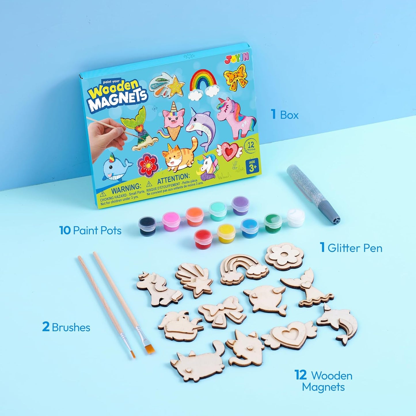 JOYIN 12 Wooden Magnet Creativity Arts & Crafts Painting Kit for Kids, Decorate Your Own Painting Gift for Halloween Crafts, Birthday Parties and Family Crafts, Party Favors for Boys Girls