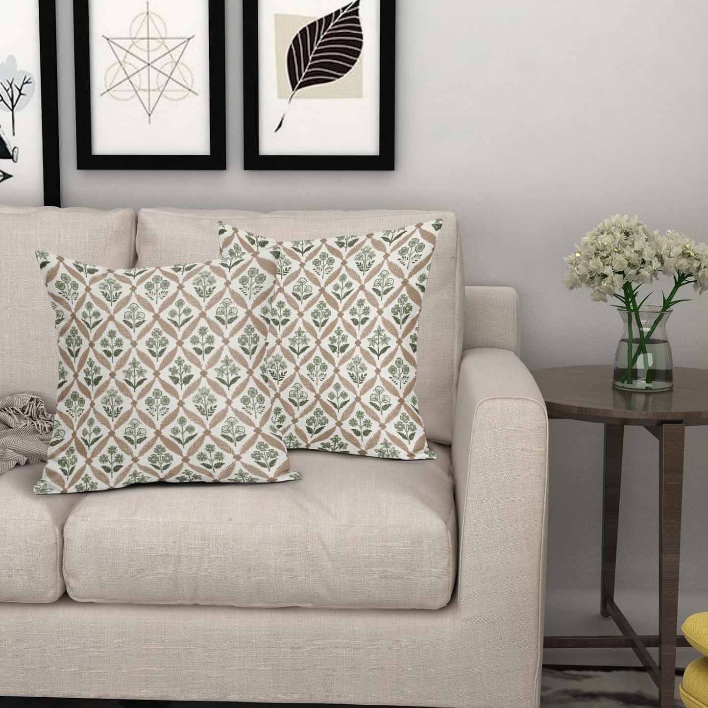 Blue Green Floral Block Print Pillow Covers 12X20 Set of 2, Flower Pattern Spring Summer Print Decorative Throw Pillow Covers Outdoor Farmhouse Seasonal Cushion Case Couch Sofa Bed Decor