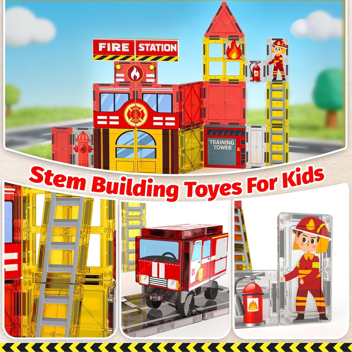 SKTMYY Magnetic Tiles Construction Toys with Road & Crane & Marble Run, Double-Sided Fire Station & Building Magnet Tiles for Kids Ages 4-8, STEM Magnetic Blocks Gifts for 3 4 5 6 7 8 Year Old Boys