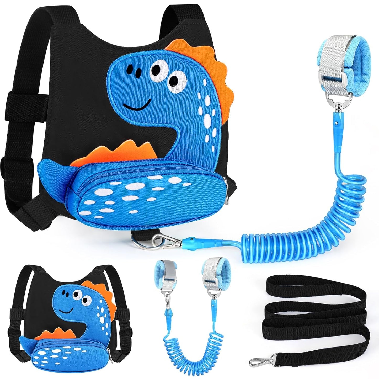 3 in 1 Toddler Harness Leash + Baby Anti Lost Wrist Link, Accmor Cute Dinosaur Child Safety Harness Tether, Kids Walking Wristband Assistant Strap Belt for Parent Boys Outdoor Activity (Black)