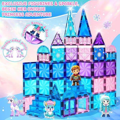 Diamond Magnetic Tiles Unicorns Princess Castle with Magnetic Art Decor Kit, Unicorn Toys for Girl 3 4-6-8, Magnet Tiles for kids 4-8 5 6 7+ Girl Gifts,Magnet Toys Include 5 Dolls,Rainbow,Candy,Decors