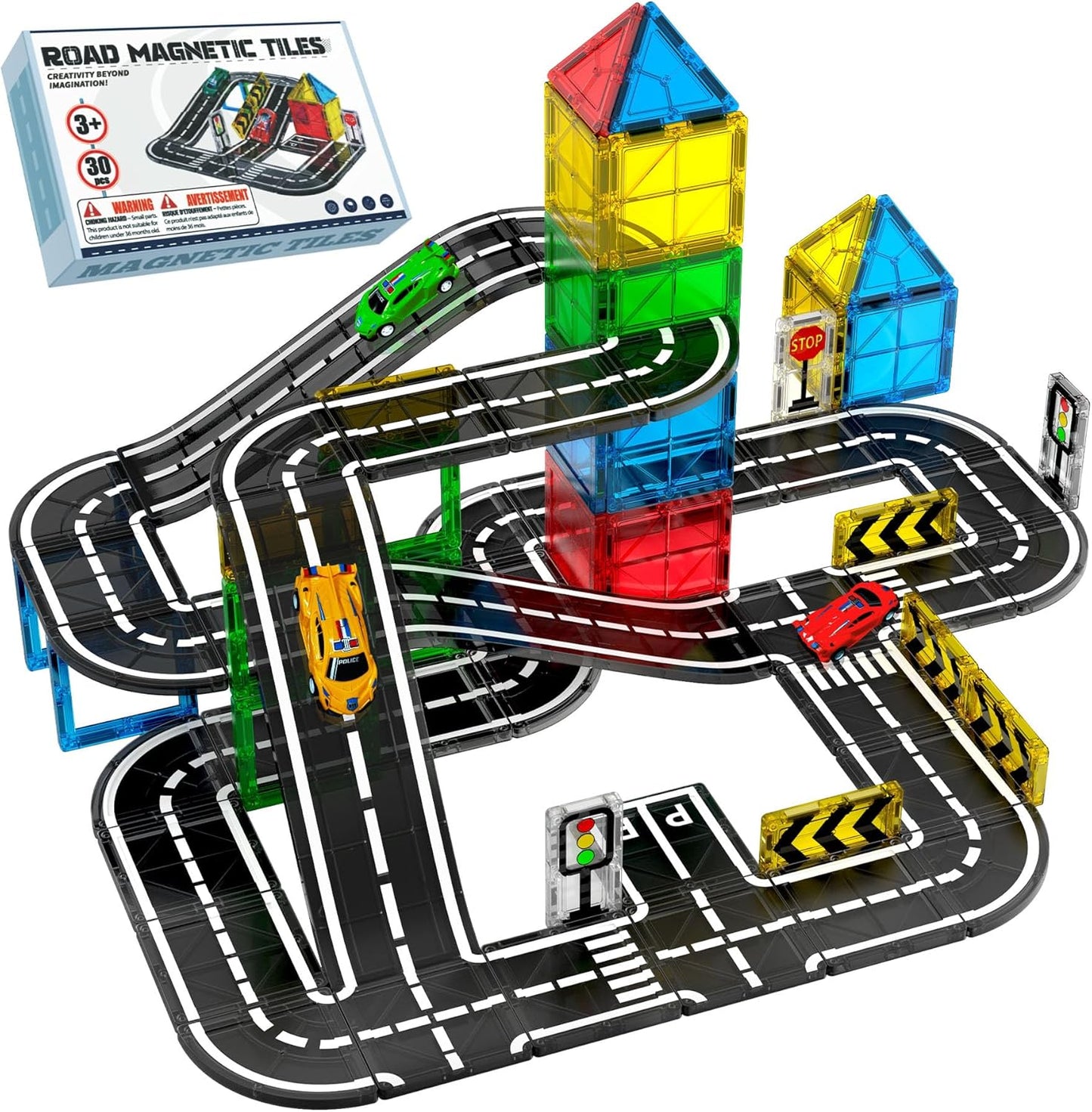 150PCS Magnetic Tiles Road Set with Marble Run, Preschool Magnet Tiles Included Magnetic Cars. STEM Magnetic Tiles for Kids, Preschool Educational Building Toys for Boys & Girls