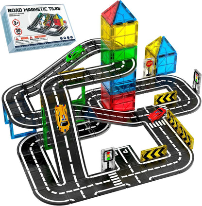 150PCS Magnetic Tiles Road Set with Marble Run, Preschool Magnet Tiles Included Magnetic Cars. STEM Magnetic Tiles for Kids, Preschool Educational Building Toys for Boys & Girls