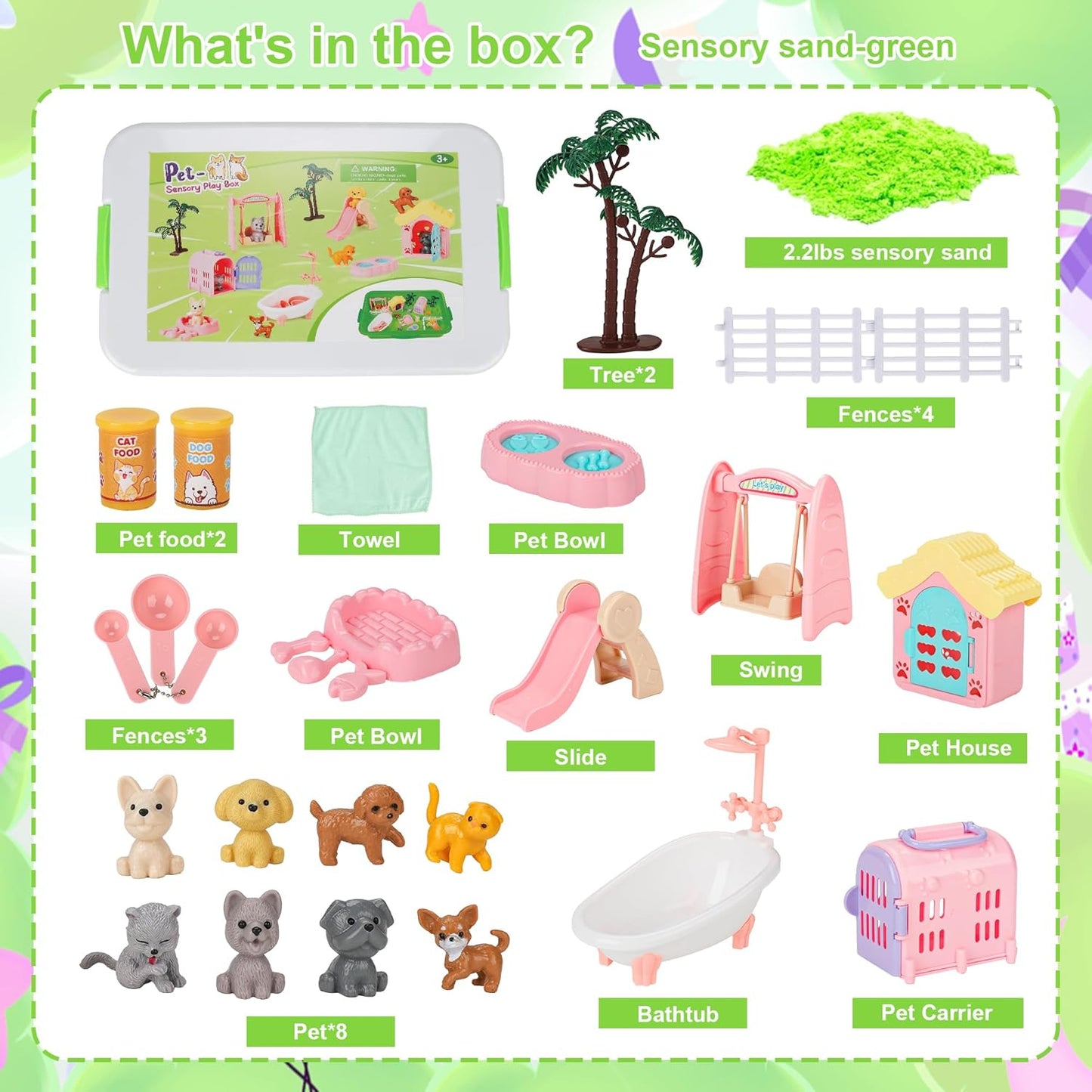 Mathea Pet Sensory Bin Kids Sensory Bins for Toddlers 1-3, Kids Sand Art Kit with Sensory Sand & Sandbox, Pretend Play Toys for Girls Boys Ages 3 4 5 6