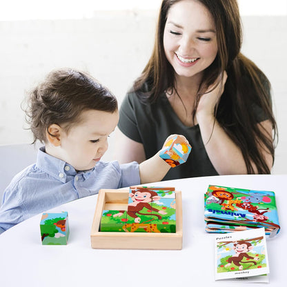 Wooden Dinosaur Block Puzzles for Kids Ages 3-5 with Baby Book, Jigsaw Puzzles Preschool Educational Interactive Toys Gift for Boys Girls, Wood Dino Cube Puzzles for Toddlers 2 3 4 5 6 Years Old