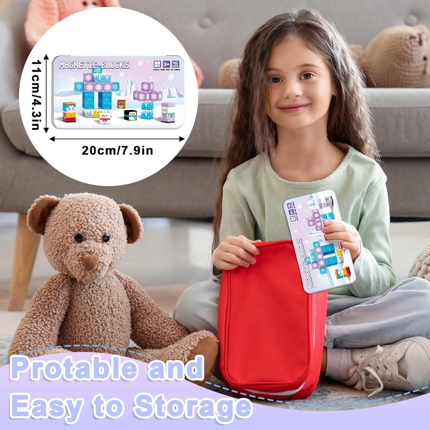 QOUBAI 45PCS Mini Magnetic Blocks Travel Toys, Magnet Building Cubes Tiles Set with Portable Iron Case, Learning Activities Gifts for Kids Toddlers Boys & Girls Ages 3-8 (Construction)