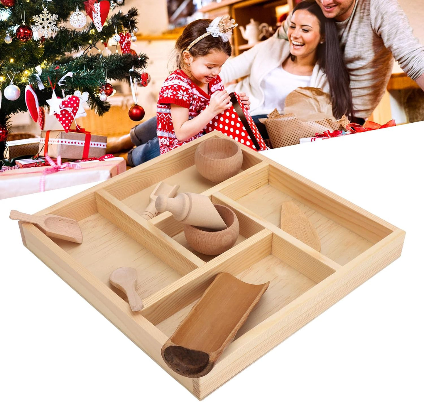 ZJchao Montessori Sensory Bin Tools, Wooden Toy Set with Bowls and Scoops for Fine Motor Skills Development, Sensory Play and Learning for Toddlers