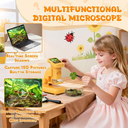 1200X Microscope for Kids, 2 in 1 Handheld & Desktop Digital Microscope with 9 Slides Science Kit, Portable Microscope HD Screen Video Record, STEM Educational Toys Gifts for Ages 3-12 Boys Girls