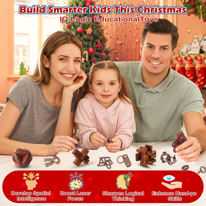 Advent Calendar 2025 Brain Teaser for Kids & Adults - 24 Days of Metal Puzzle Ring & Wooden Toy Games, Christmas Countdown with Mind IQ Logic Challenges, Unlock Interlock Gift for Boys Girls Teens
