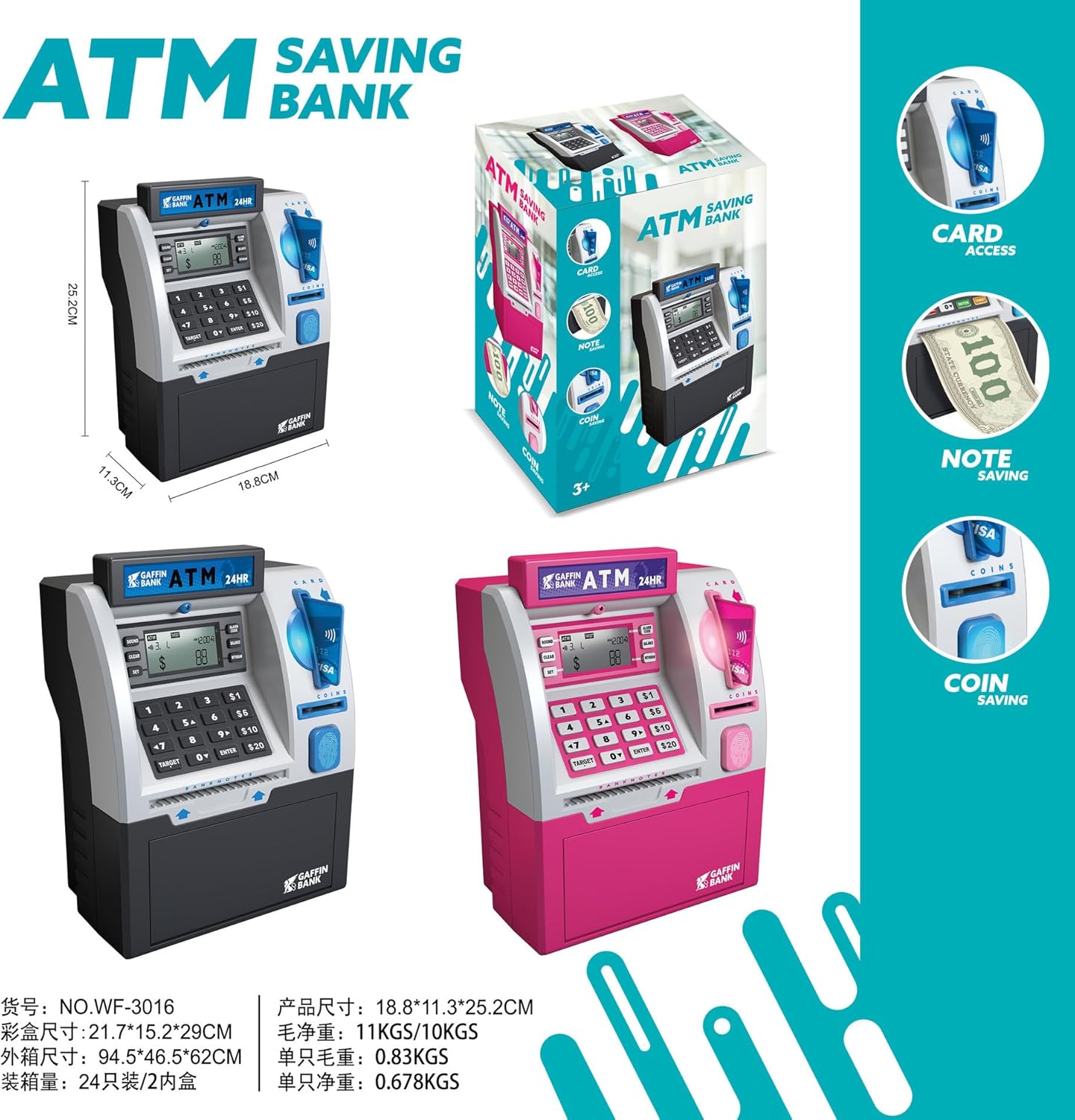 BKstar Kids ATM Piggy Bank with Debit Card & PIN - Electronic Money Bank with Digital Coin Counter & Bill Feeder, Educational Savings Toy for Boys & Girls Ages 3-12