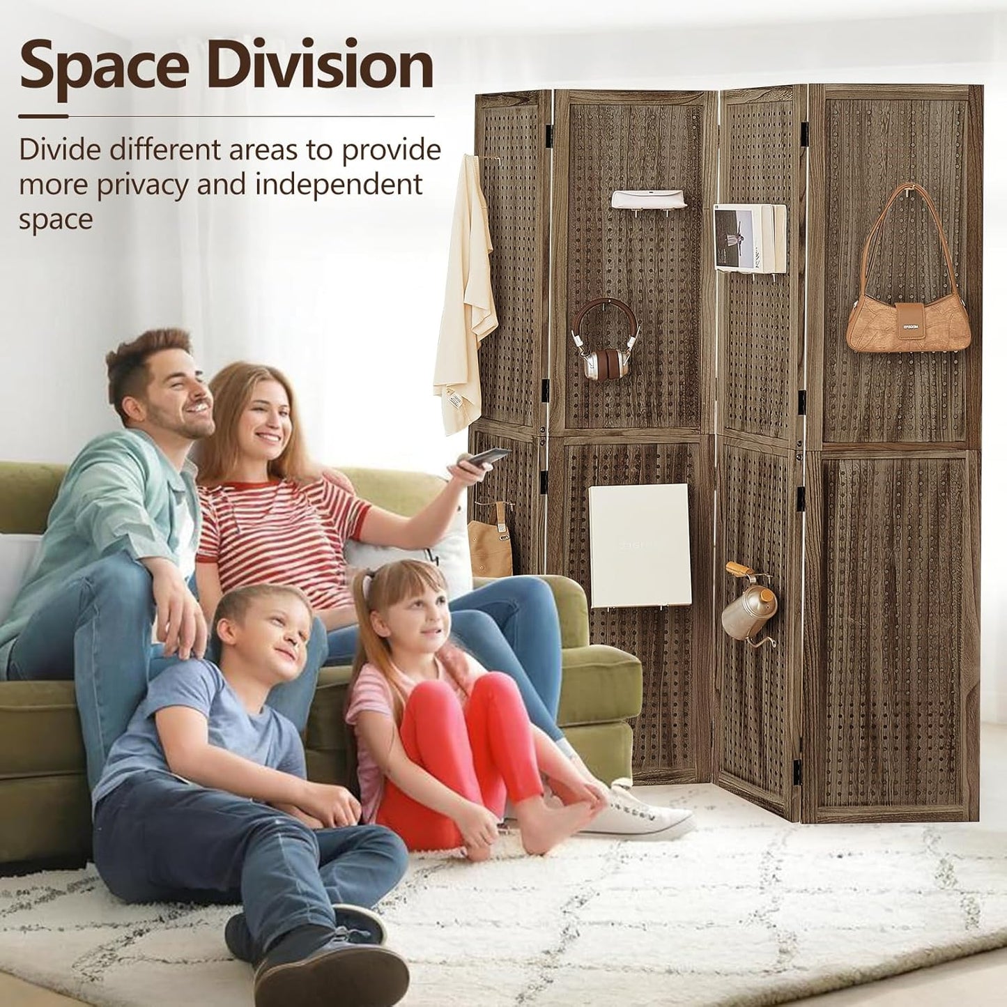 4 Panel Wooden Room Dividers, 5.6FT High Plug-in Folding Screen Made of Natural Wood, Pegboard Display for Bedroom and Shopping Malls and Jewelry Stores, Dark Brown