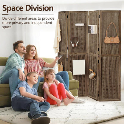 4 Panel Wooden Room Dividers, 5.6FT High Plug-in Folding Screen Made of Natural Wood, Pegboard Display for Bedroom and Shopping Malls and Jewelry Stores, Dark Brown