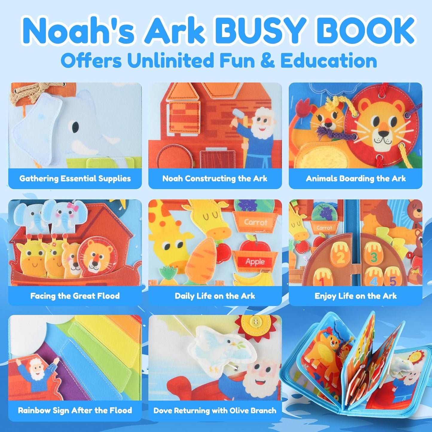 Ocean Busy Book for Toddlers 1-3, Montessori Quiet Book with 20 Activities, Travel Toy for Fine Motor Learning, Gift for Boys Girls