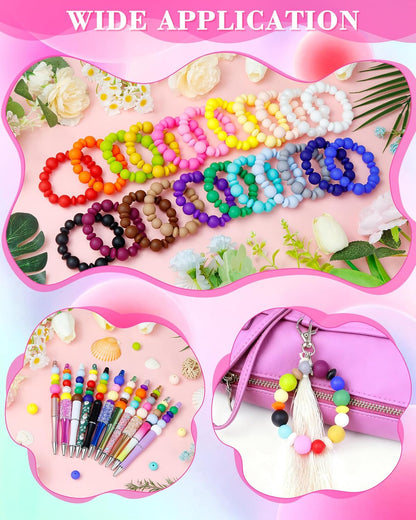 200Pcs FIVEIZERO Mixed Silicone Beads for Keychain Making, 12mm 15mm Round and 12mm Lentil Silicone Beads for Pens Bracelet Necklace DIY Crafts(Black)