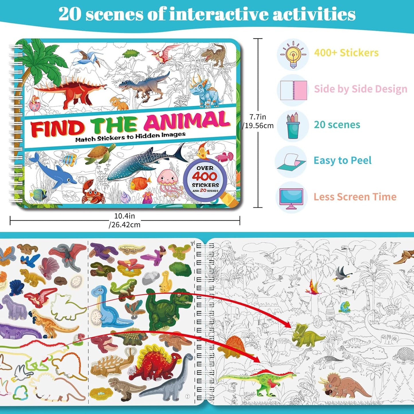 Kalysky Dinosaur and Ocean Animal Scene Sticker Book for Kids Ages 4-12, Search and Find Sticker Activity Book–Travel Toys for Toddlers, Airplane & Road Trip Games, Educational Fun