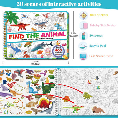 Kalysky Dinosaur and Ocean Animal Scene Sticker Book for Kids Ages 4-12, Search and Find Sticker Activity Book–Travel Toys for Toddlers, Airplane & Road Trip Games, Educational Fun