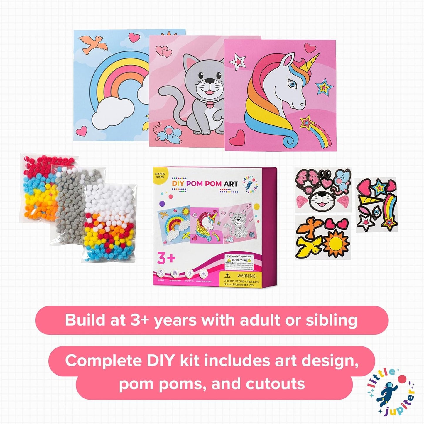 Little Jupiter DIY Pom Pom Art - Makes 3 Pieces -Boy & Girl Crafts for Kids Age 3-5 - Toddler Crafts - Pom Pom Art Projects for Kids 3-5 - (Set 2-Unicorn, Rainbow, Cat)