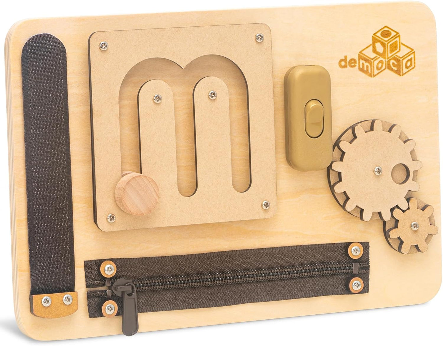 deMoca Toddler Busy Board for 1 Year Old, Travel Baby Wooden Montessori Busy Board for Toddlers 1–3, Switch and Fidget Activities for Early Motor Skills and Travel Play