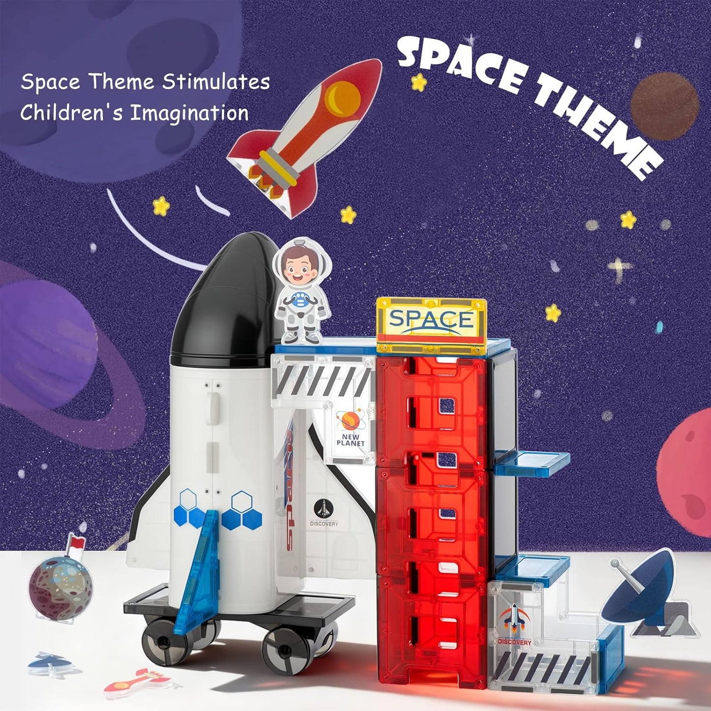 VROGTIK Space Magnetic Tiles for Kids, 30 Piece STEM Magnetic Building Blocks Set, Rocket Ship Space Station Educational Construction Toy with Astronaut Figure for Boys Girls Ages 3-8