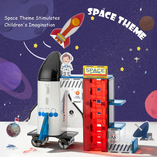 VROGTIK Space Magnetic Tiles for Kids, 30 Piece STEM Magnetic Building Blocks Set, Rocket Ship Space Station Educational Construction Toy with Astronaut Figure for Boys Girls Ages 3-8